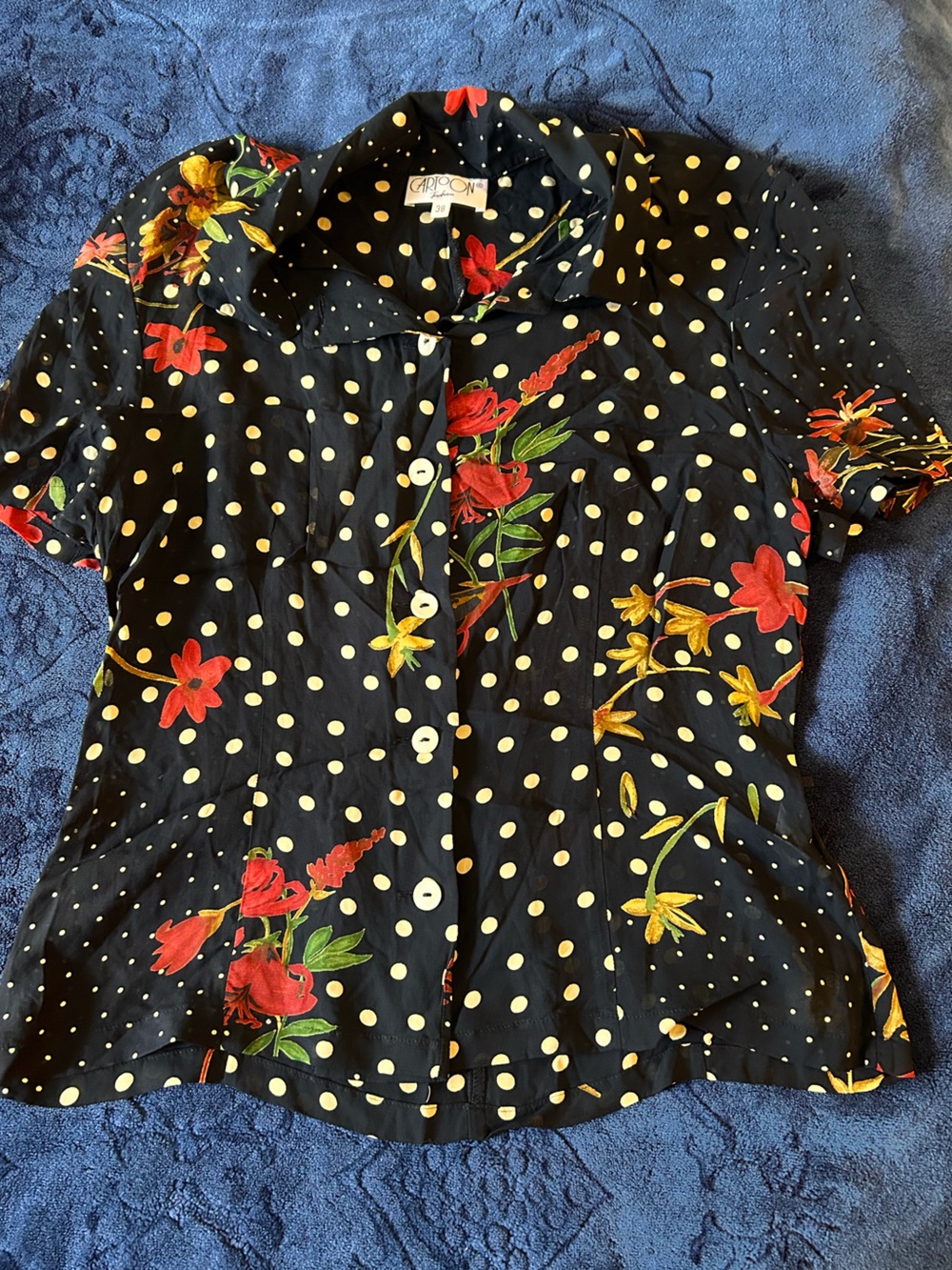 Canyon River Black Polka Dot Button-Up with Red & Yellow Floral Print